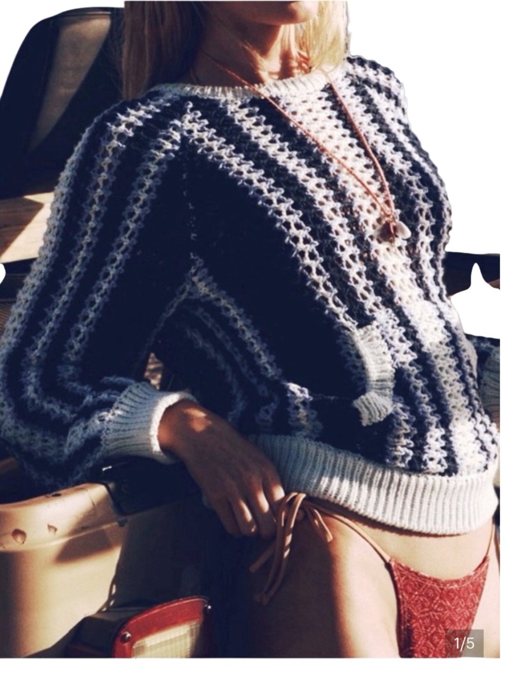 FREE PEOPLE BEACH DAYTON OPEN KNIT SWEATER NAVY BLUE WHITE LARGE